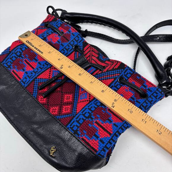 Leather Boho Aztec Western Embroidered Crossbody Bucket Bag Elliott Lucca Black - Picture 11 of 16